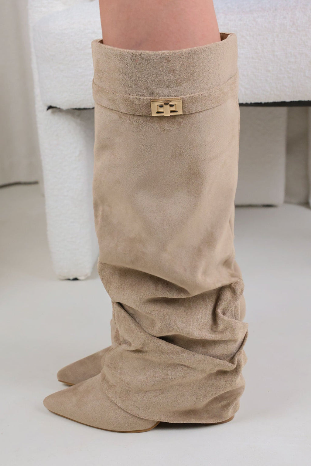Taupe Faux Suede Slouchy Fold Over Shark Boots