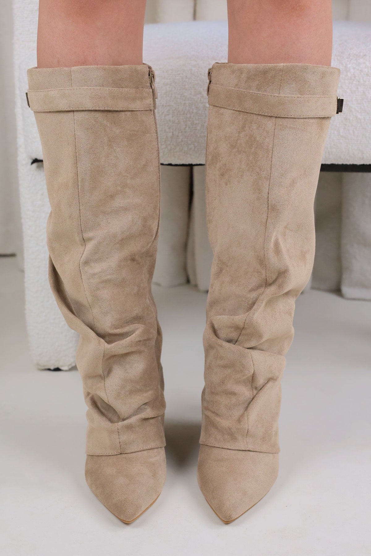 Taupe Faux Suede Slouchy Fold Over Shark Boots