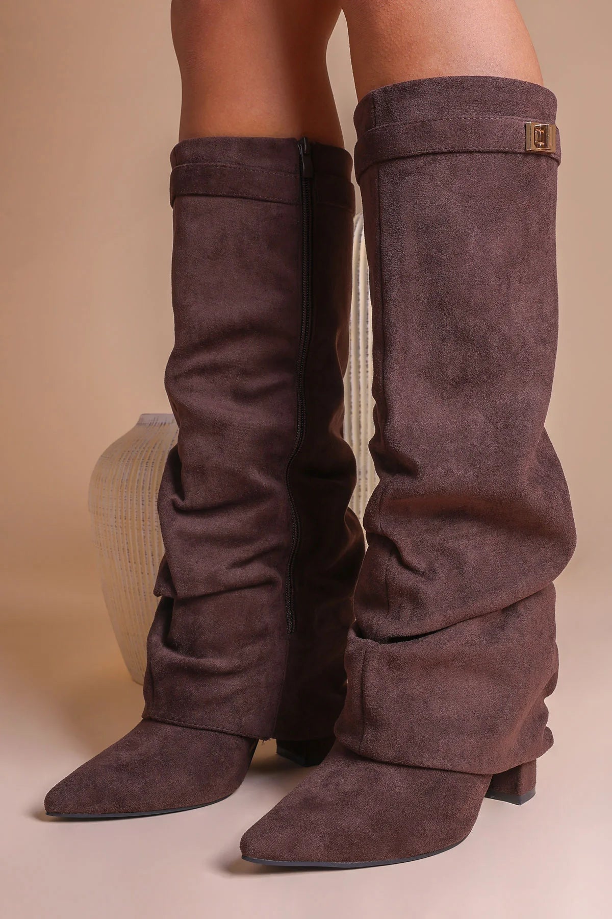 Taupe Faux Suede Slouchy Fold Over Shark Boots