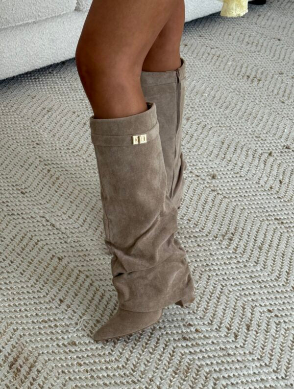 Taupe Faux Suede Slouchy Fold Over Shark Boots